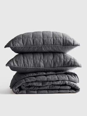Quince European Linen Box Quilt Set Charcoal Queen Size With Standard Shams